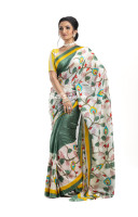 Pure Bishnupuri Silk Saree With Diagonal Stripes Pattern Hand Floral Print And Contrast Color Border - With Silk Mark (KR2218)